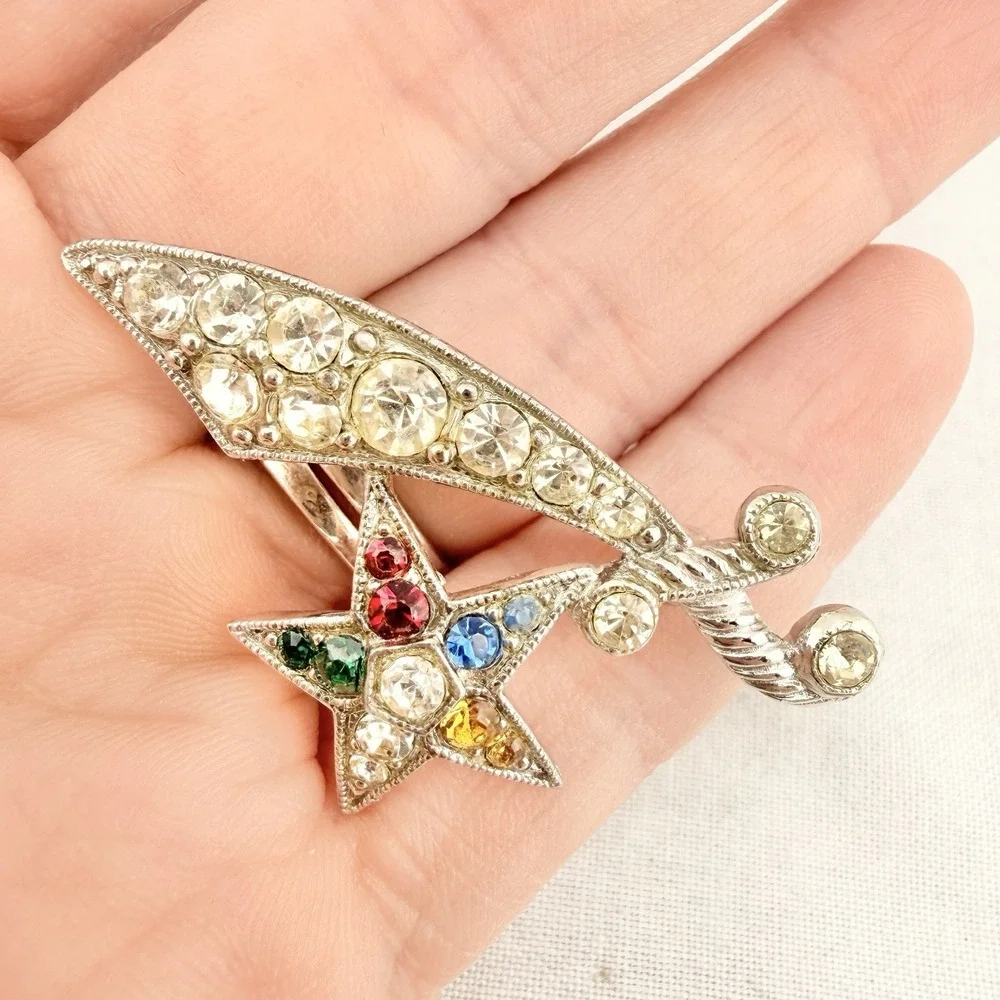 Vintage Signed Bogoff Brooch Pin Rhinestone Star Rainbow OES Silver Tone Retro